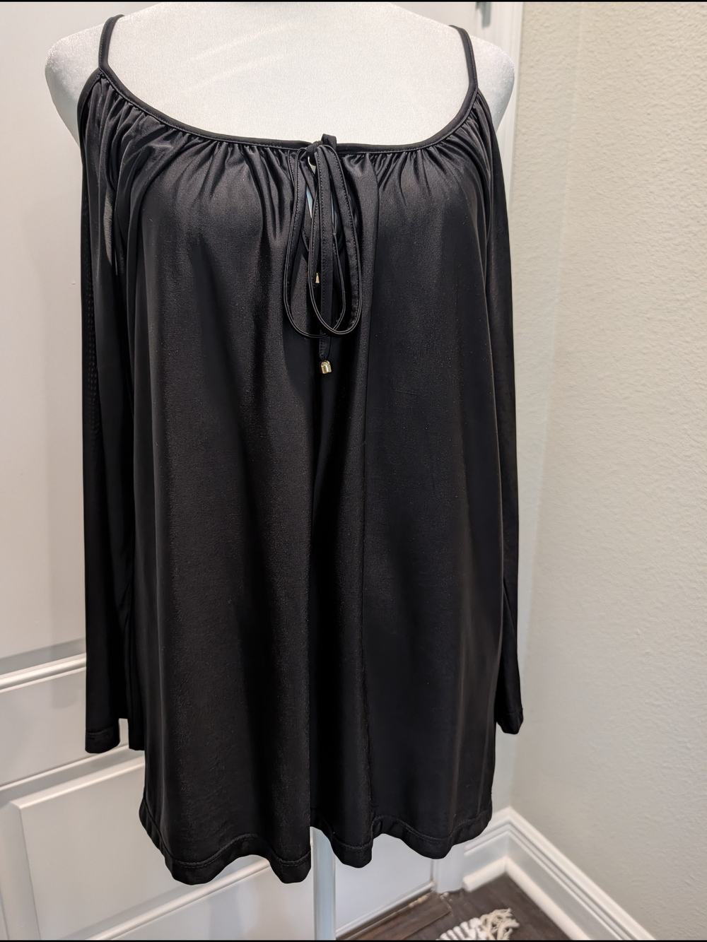 Women’s Black Cold-Shoulder Blouse with Tie Neck